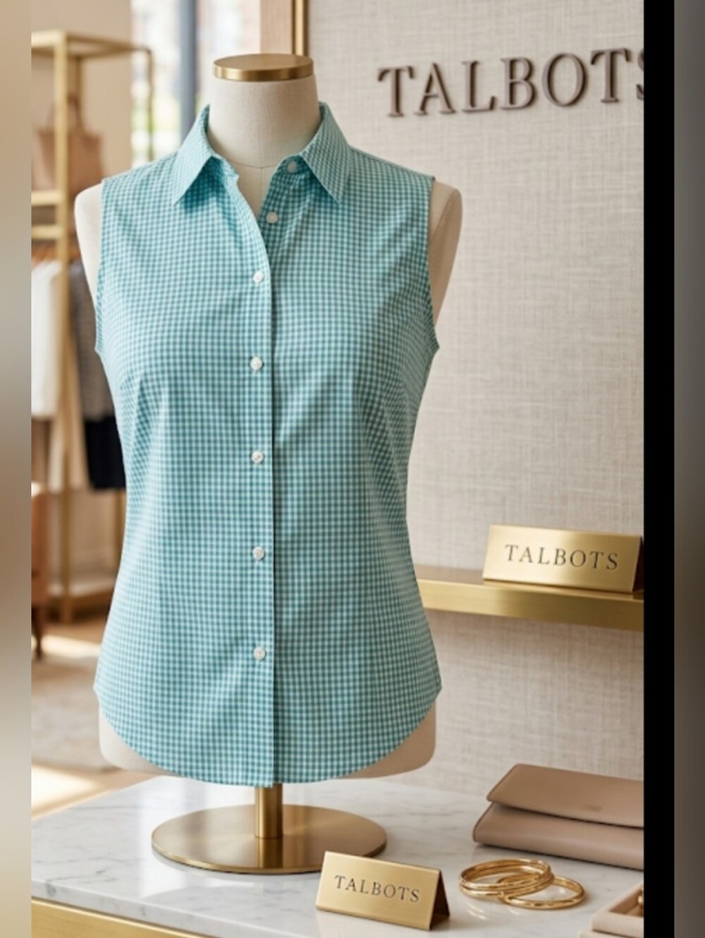 Talbots Teal Gingham Sleeveless Button-Down Shirt
